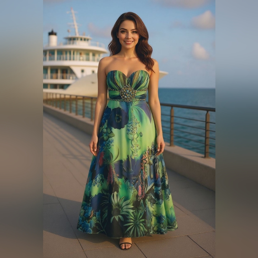 10 Riva‎ Elegant Green Floral Strapless Dress, Has Straps If Needed Nwt